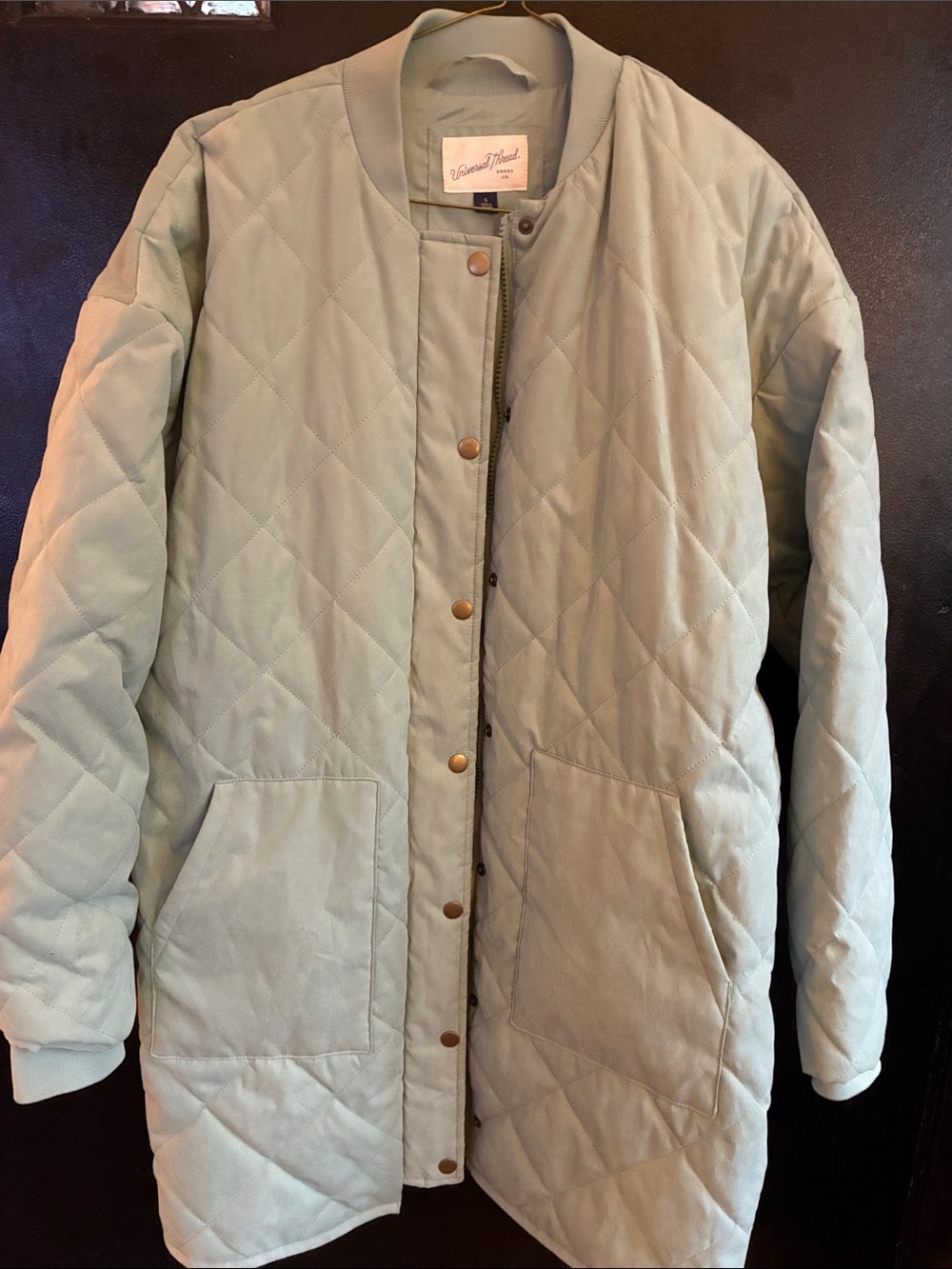 Universal Thread Quilted Longline Puffer Jacket in Sage Green